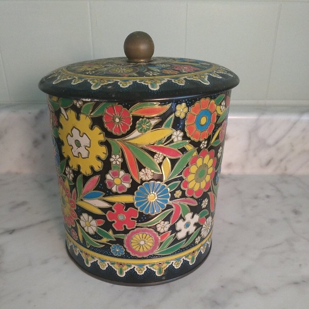 Vtg Daher Decorative Tin Canister Made In England 5.5 X 5 Lid Mod Flowers Black